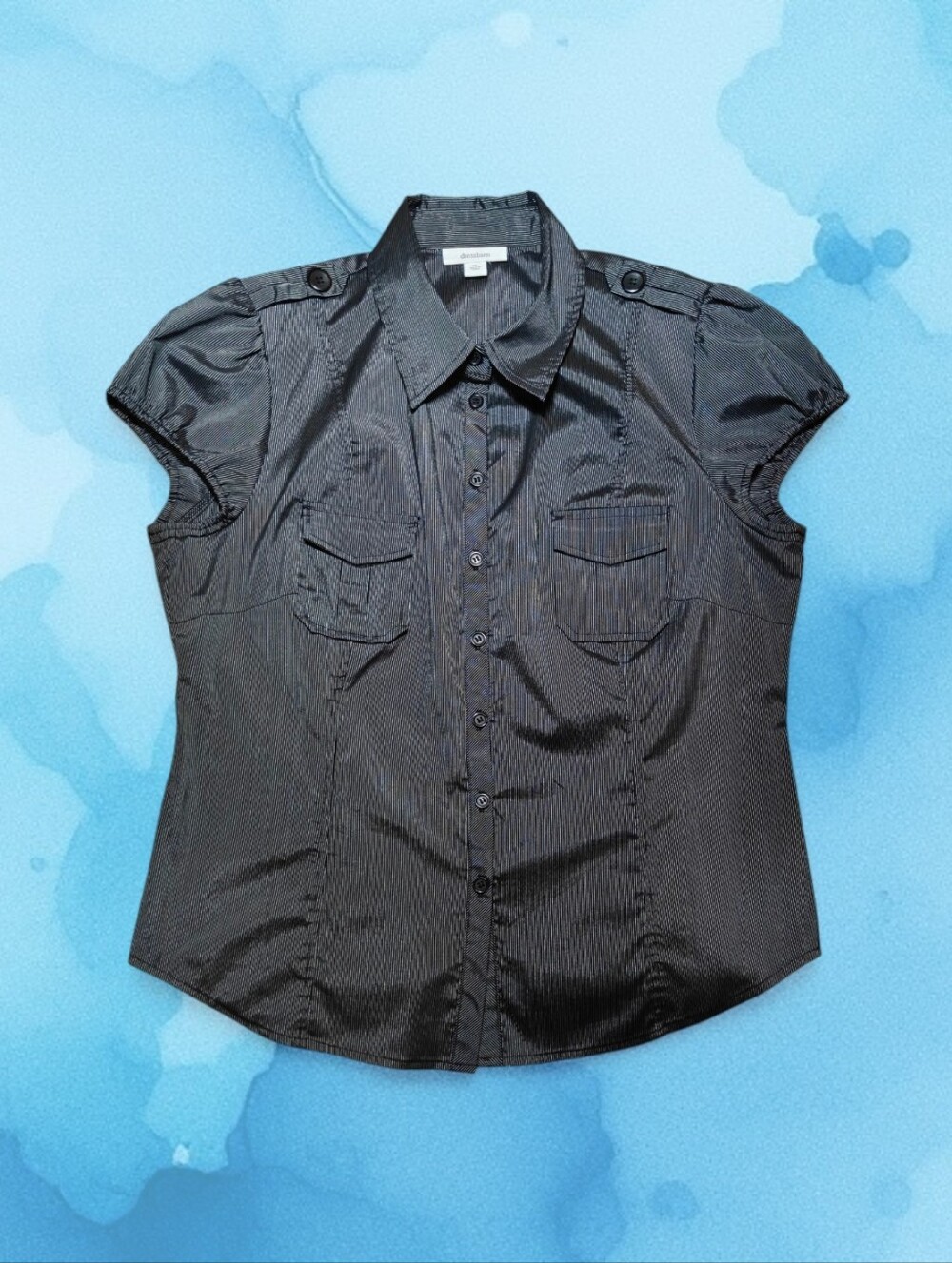 Women’s DRESSBARN Black Pinstripe Button-Up Epaulet Blouse